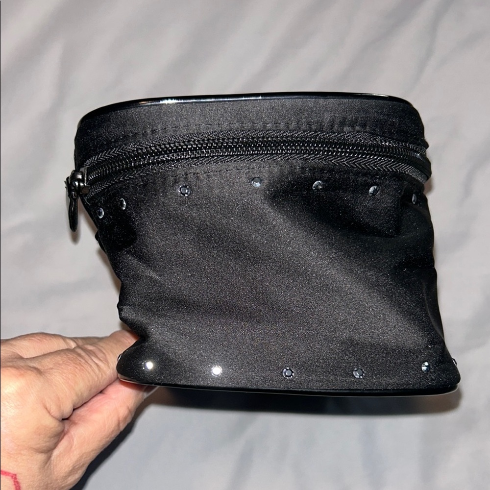 Victoria's Secret Logo Black Vinyl Silver Rhinestone Bling Cosmetic Bag - Picture 6 of 11
